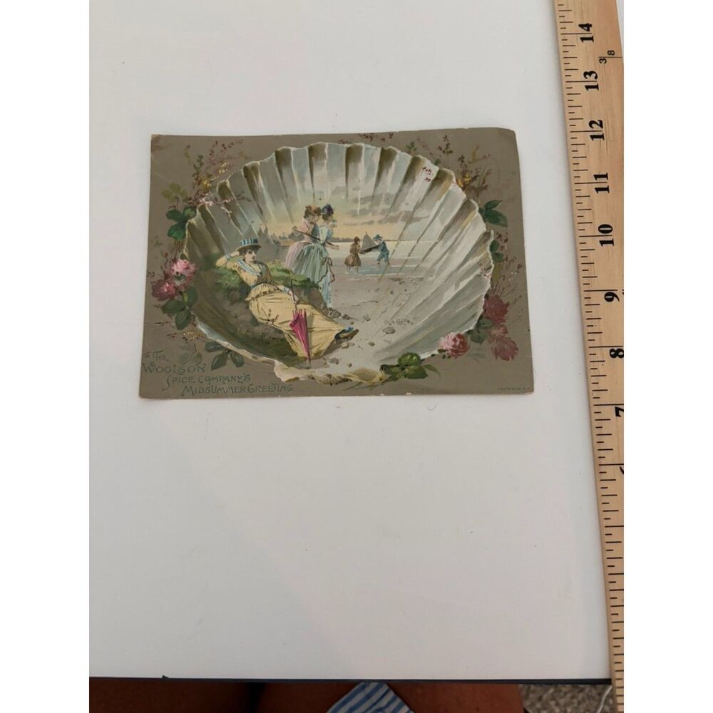 Victorian Lion Coffee 3 D embossed trade card with seashore scene